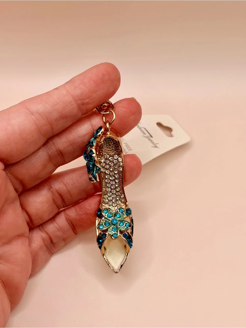 Bougie Gold High Heel Keychain with Blue Crystal Flower Accents